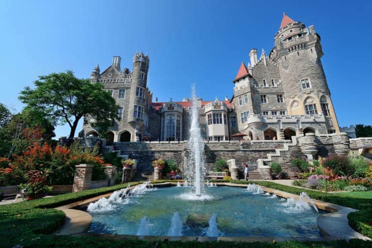 View of Casa Loma gardens with a fountain