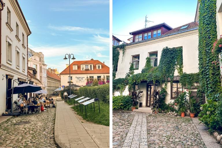 street with patio facing the park and courtyard with greenery