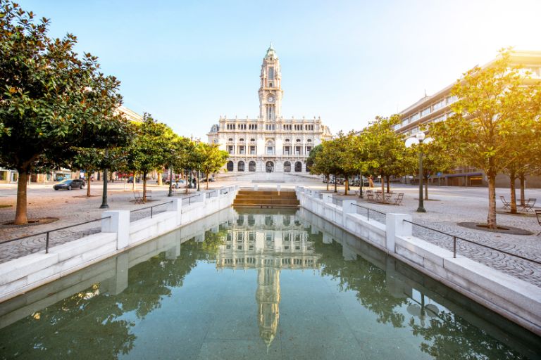 Water pond in front of the Porto City Hall