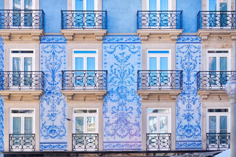 traditional facade in porto with blue tiles